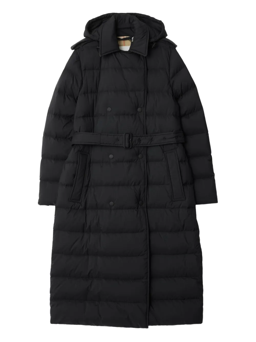 

Стеганое пальто с капюшоном и поясом BURBERRY, черный