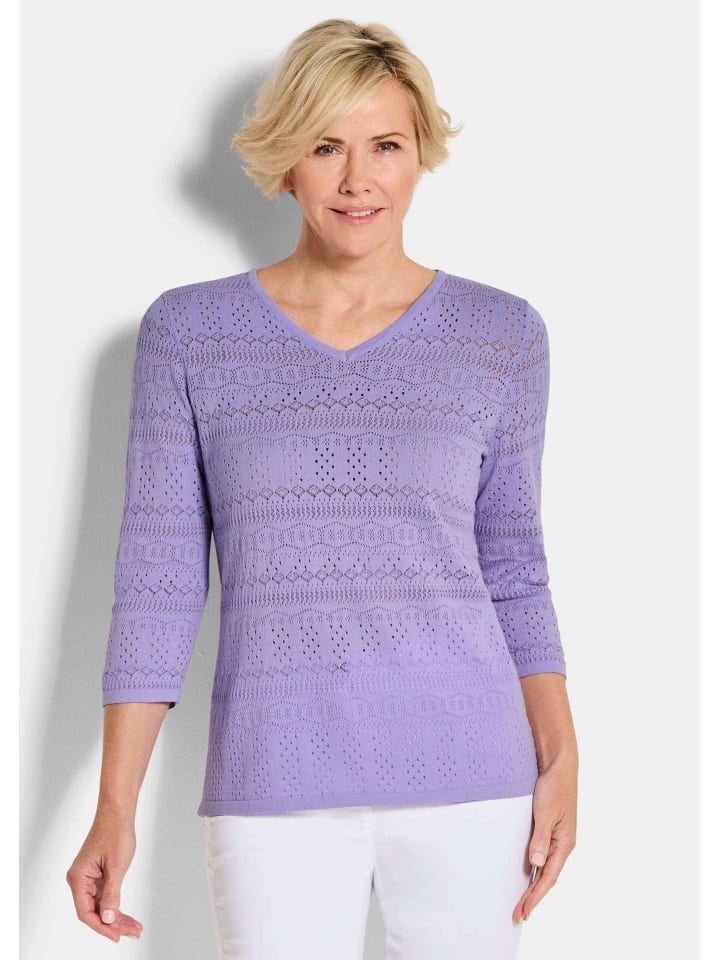 

GOLDNER Укороченный размер: Летний ажурный свитер с V-образным вырезом сиреневого цвета