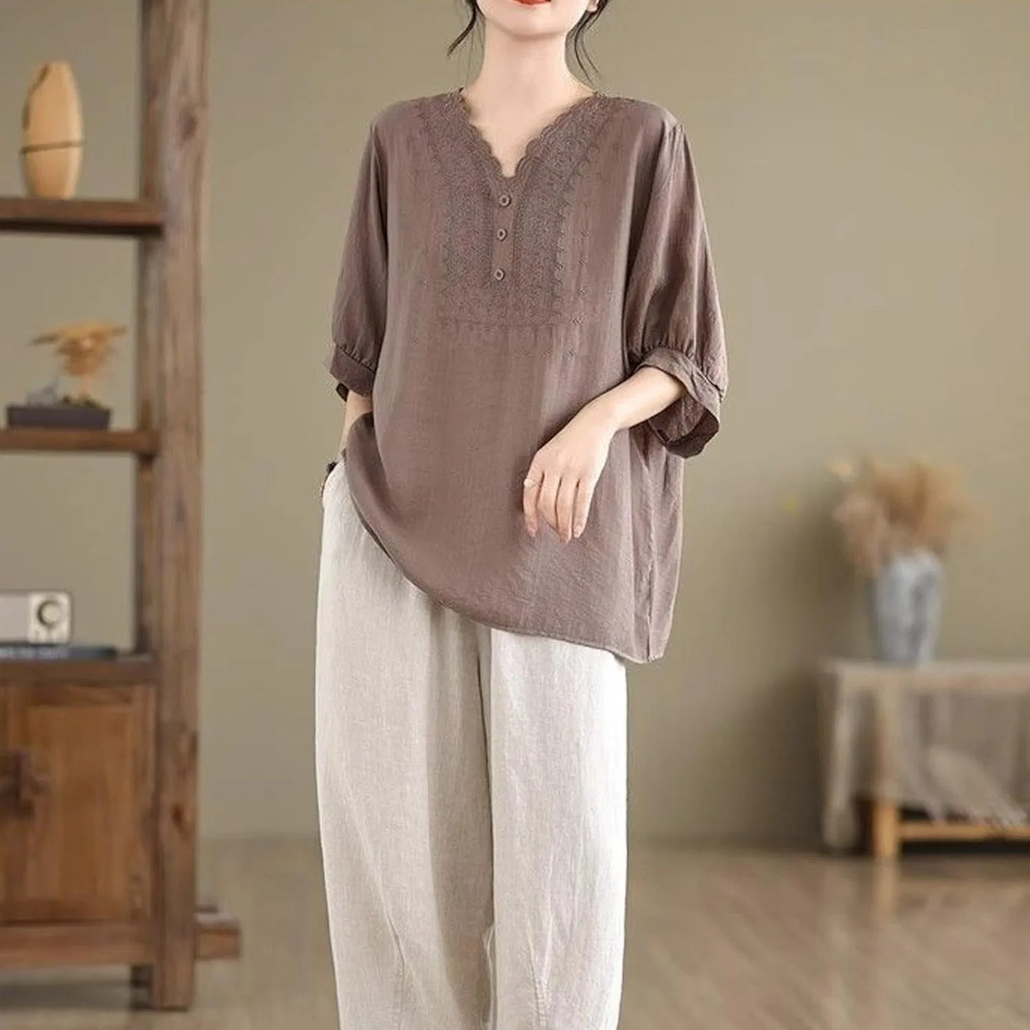 Блуза, свободная, Cotton Linen, кофе — фото 3