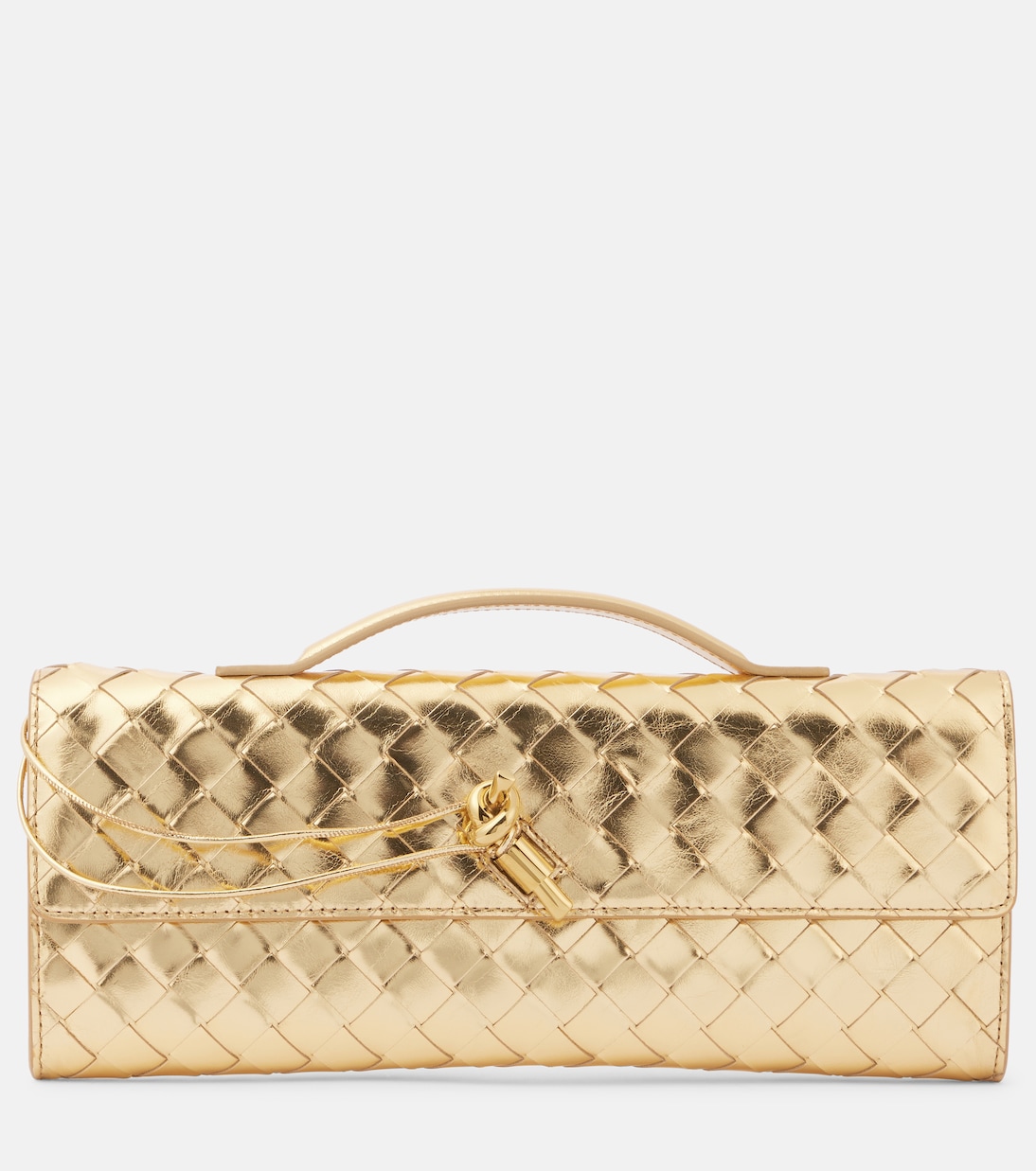

Клатч Andiamo Intrecciato из металлизированной кожи с плетеным узором Bottega Veneta, Gold / Muse Brass