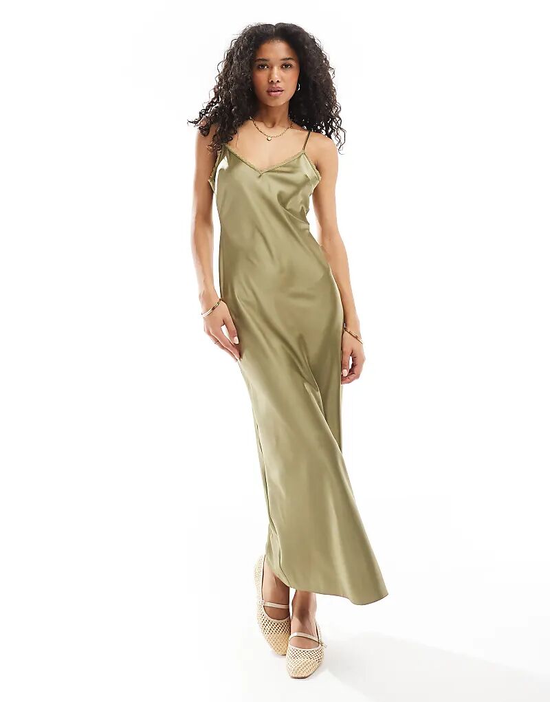 

Атласное кружевное платье-комбинация макси цвета хаки Miss Selfridge