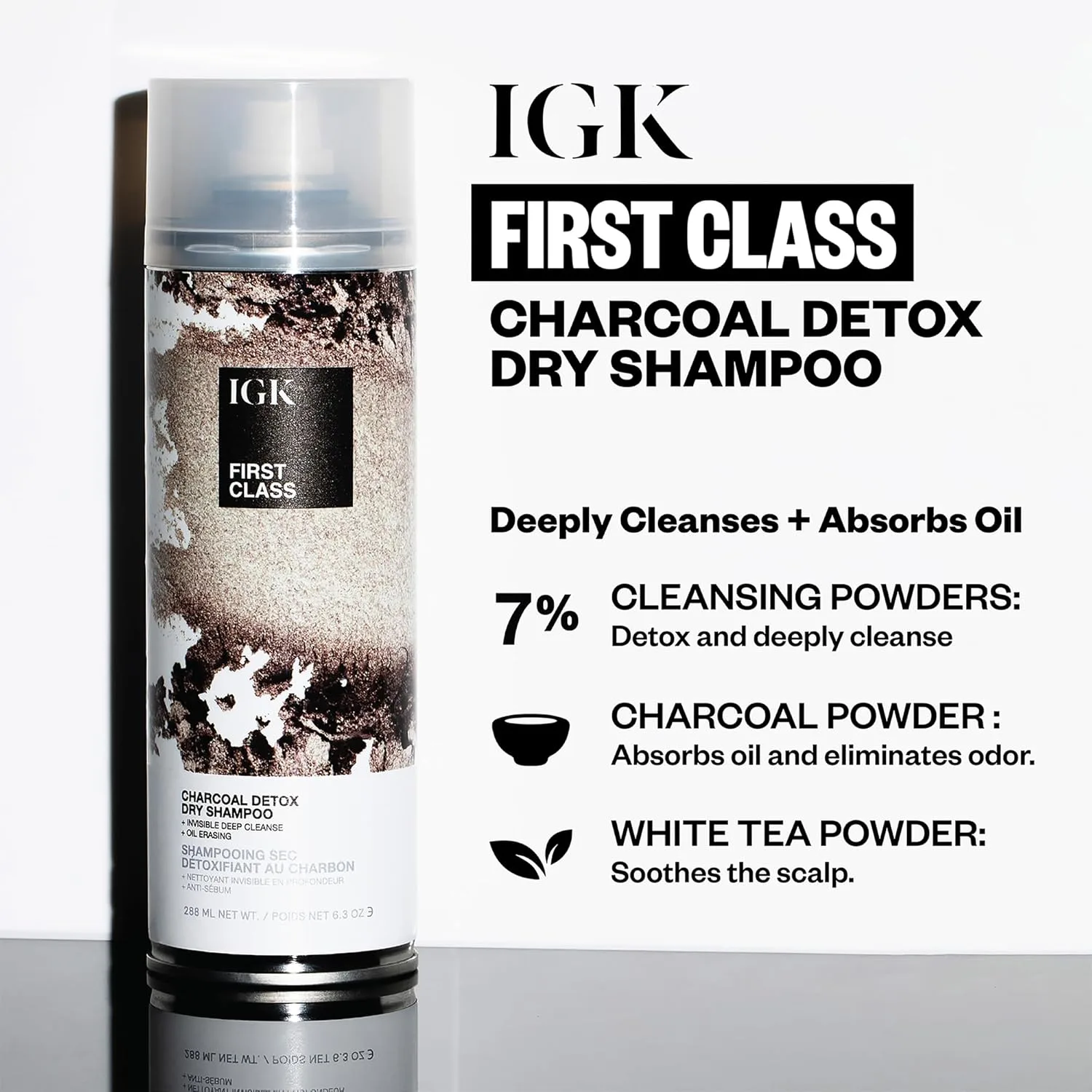 Сухой шампунь IGK First Class Charcoal Detox Jumbo | Глубокое очищение для жирных волос и поглощение запаха | Придает объем и текстуру | Для всех типов волос | 280 мл, white — фото 2