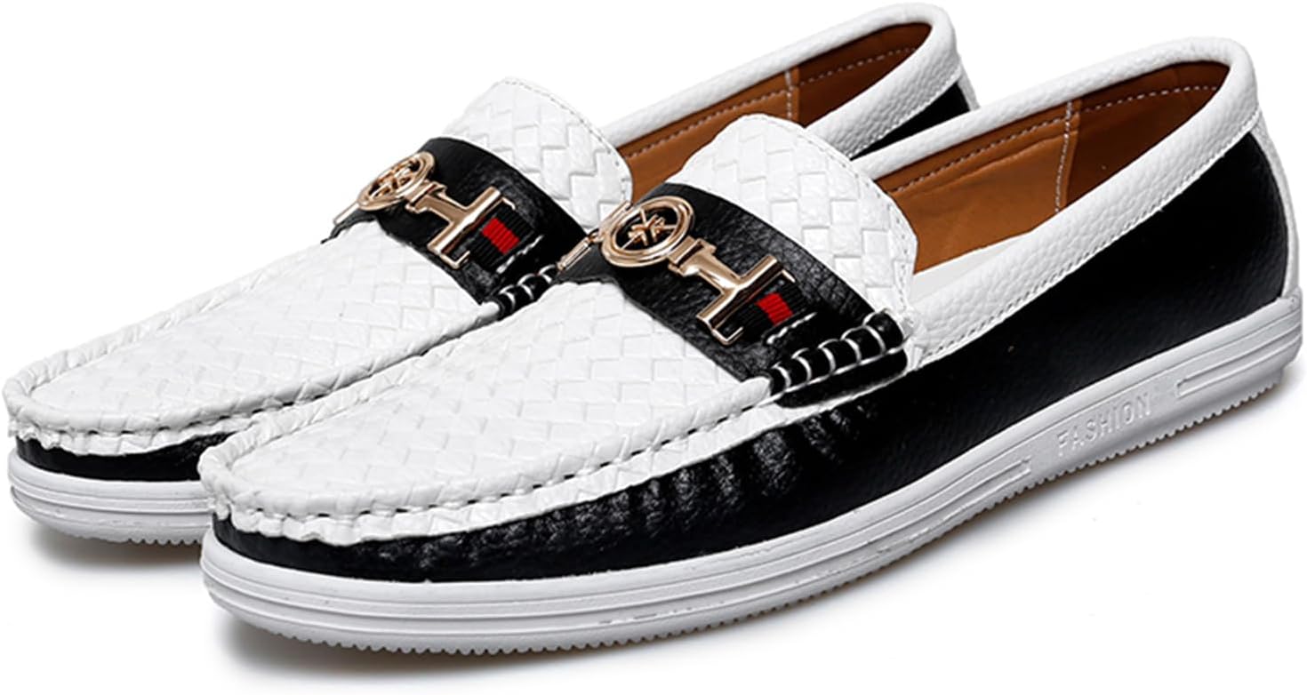 

Мужские модные лоферы белого и черного цвета с плетеным узором, двухцветные кожаные лоферы на платформе, мокасины-слипоны с металлической пряжкой, комфортной подошвой, повседневные и нарядные ботинки в стиле лодочек Dacnakby