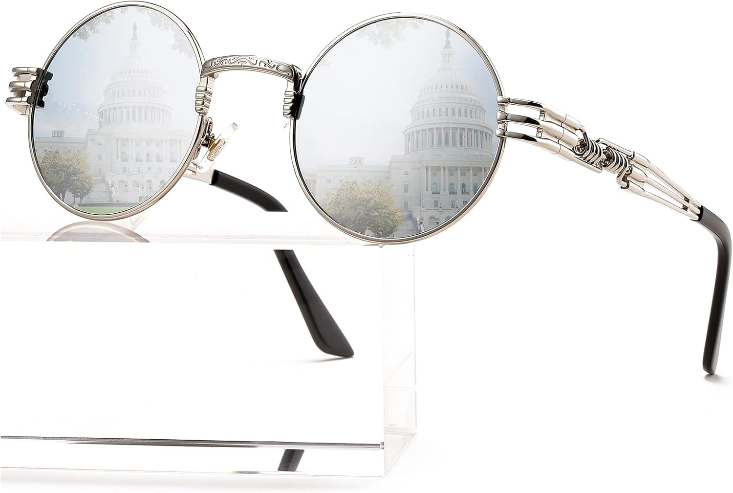 

Солнцезащитные очки AIEYEZO круглой формы в стиле стимпанк для мужчин и женщин, ретро-очки в стиле хиппи, металлическая оправа, линзы со 100% защитой от УФ-излучения, Silver/Silver Mirror