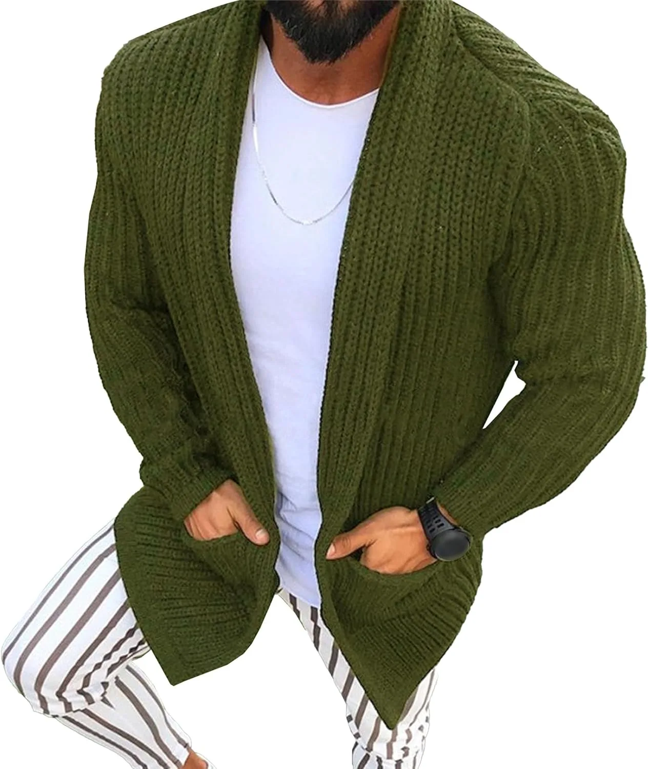 

JEShifangjiusu мужской длинный утолщенный кардиган с вязаной резинкой по низу, отложным воротником и slim fit