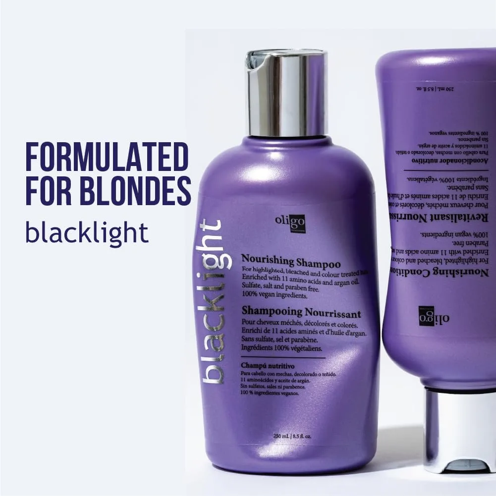 Oligo Professionnel - шампунь и кондиционер Blacklight Nourishing для блонда, без сульфатов, веган, для окрашенных волос, увлажняющая формула с аргановым маслом, набор 2 шт по 250 мл — фото 3