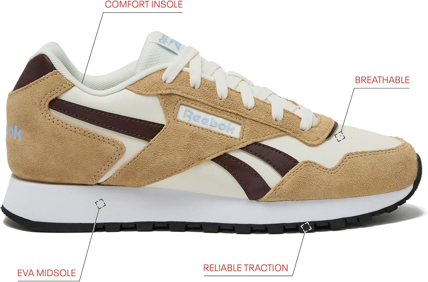 Мужские кроссовки Reebok Glide - черные или белые теннисные туфли, размеры с 7 по 15, коричневый — фото 2