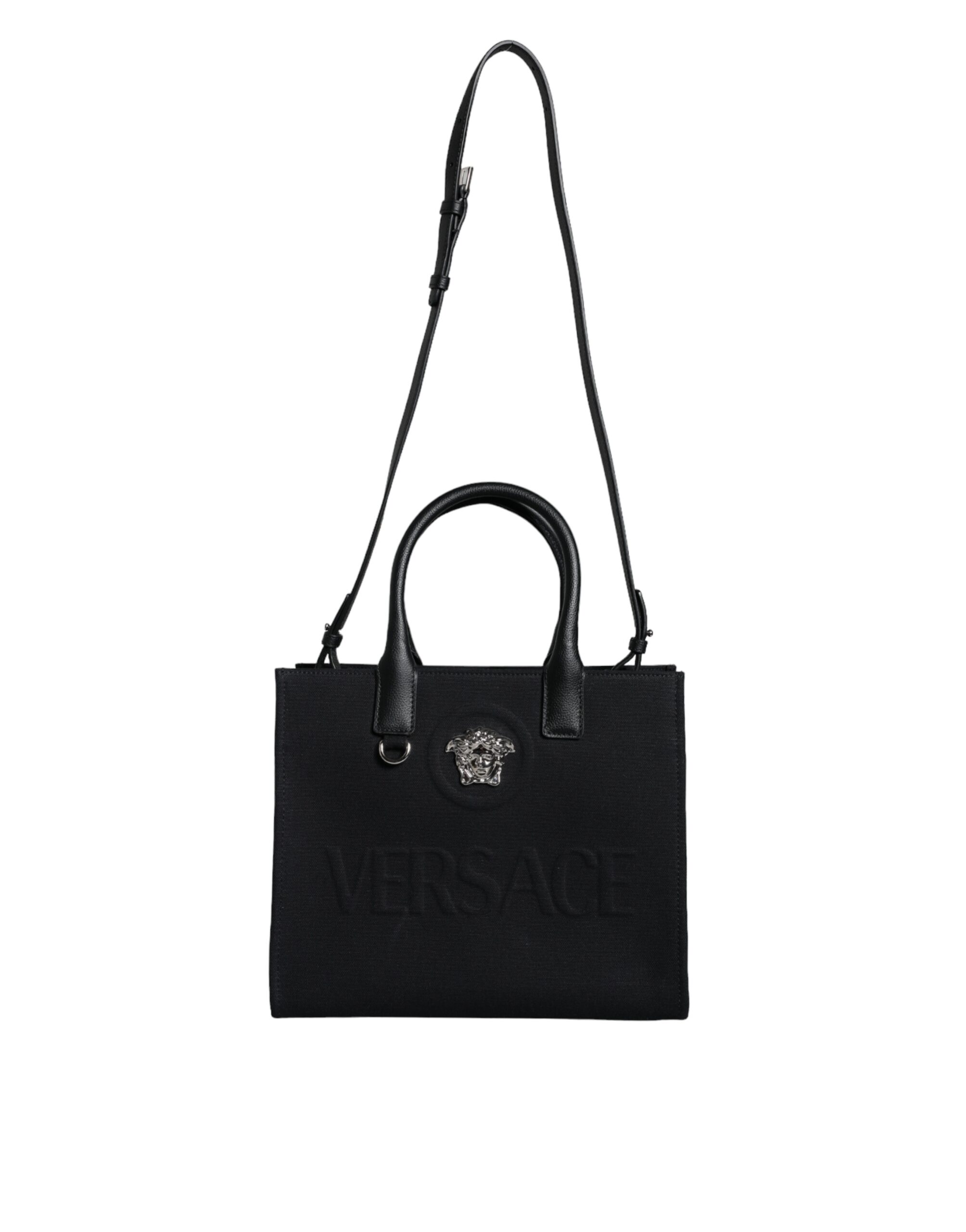 

Черная сумка-тоут с логотипом из холщовой кожи и верхней ручкой Versace