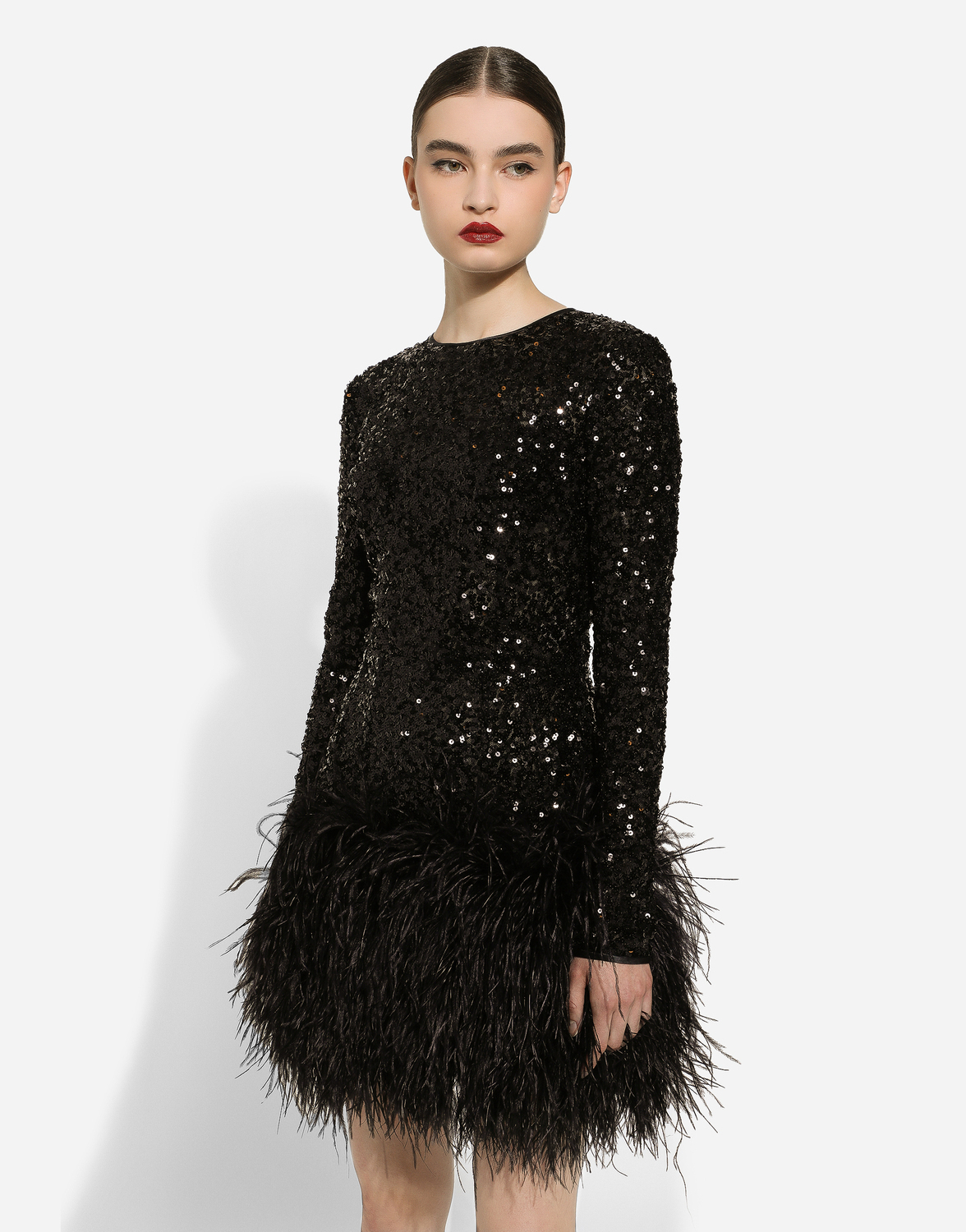 Короткое платье из пайеток с отделкой из перьев Dolce & Gabbana, черный — фото 4