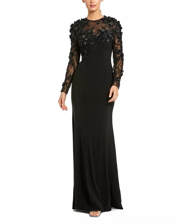 

Длинное облегающее платье из трикотажа с рукавами, украшенное цветочной вышивкой бисером. Mac Duggal, черный