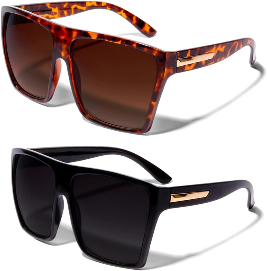 

Модные солнцезащитные очки ShadyVEU увеличенного размера с плоской верхней частью, квадратной и трапециевидной формы, для мужчин и женщин, 2-pack Tortoise W/ Brown Lens and Black W/ Black Lens