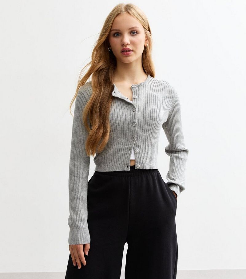 

Серый хлопковый кардиган в рубчик с круглым вырезом для девочек New Look, серый