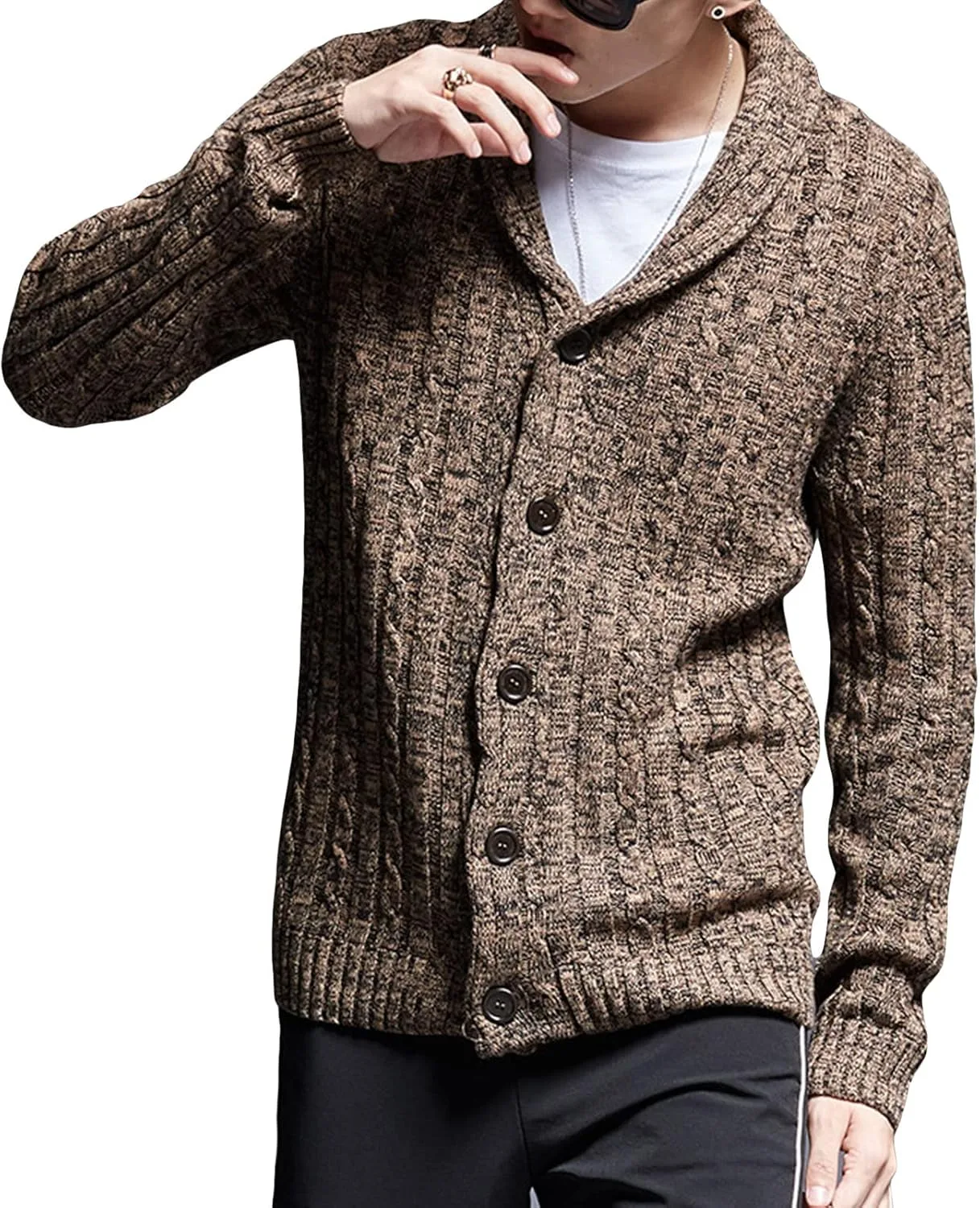 Кардиган мужской с шалью, длинный рукав, зимний, slim fit, кабельная вязка