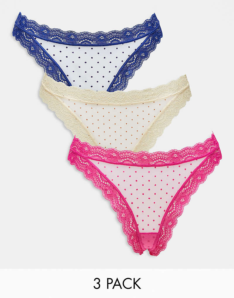 

Комплект из 3 пар стрингов из сетки в горошек ASOS DESIGN розового, синего и светло-желтого цветов