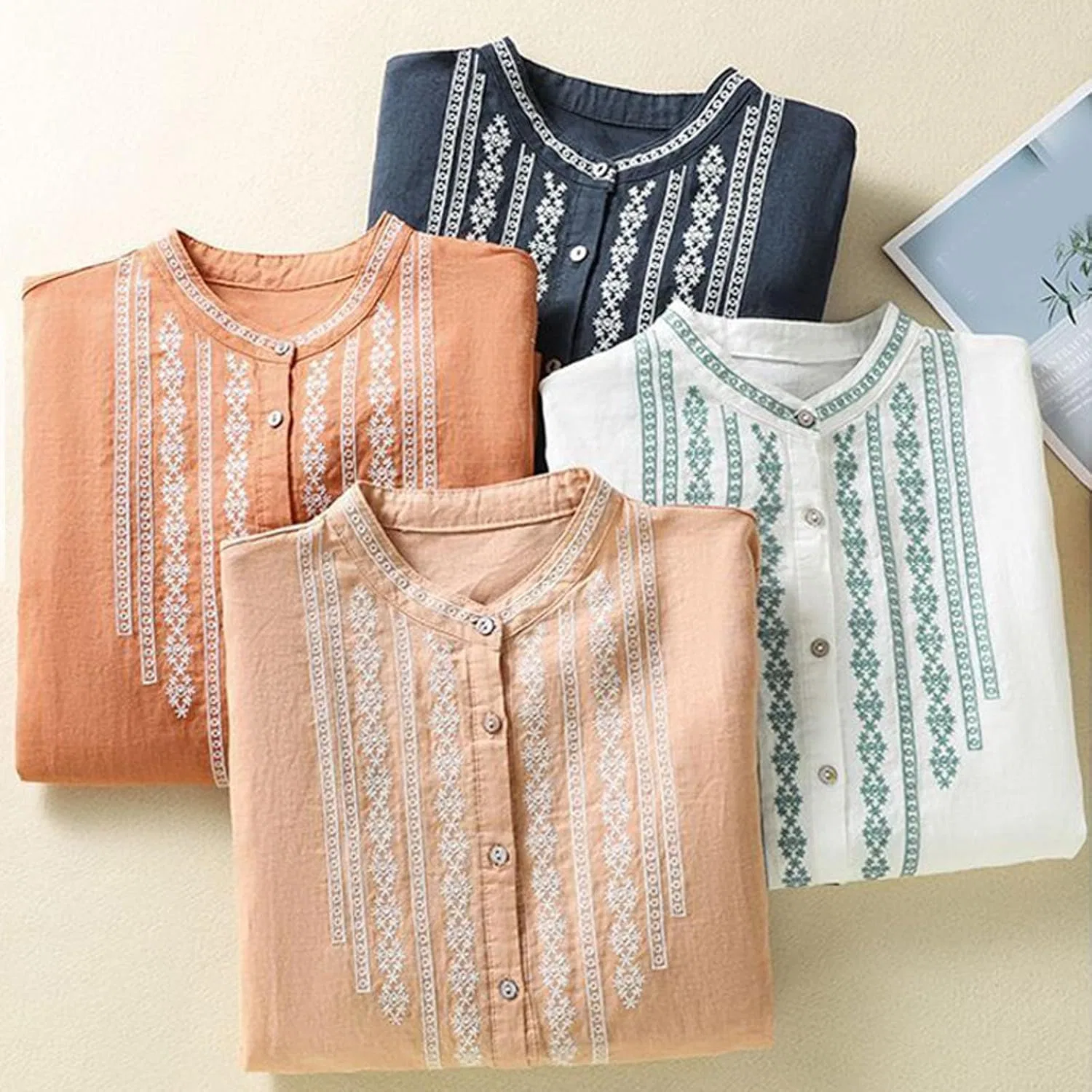 Футболка из хлопка и льна, с вышивкой, Button-Down Shirts, белый — фото 4