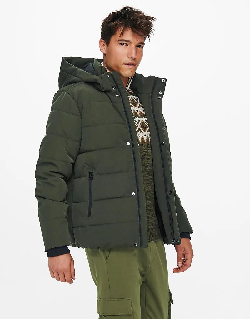 

Only & Sons – Водоотталкивающая стеганая куртка с капюшоном цвета хаки