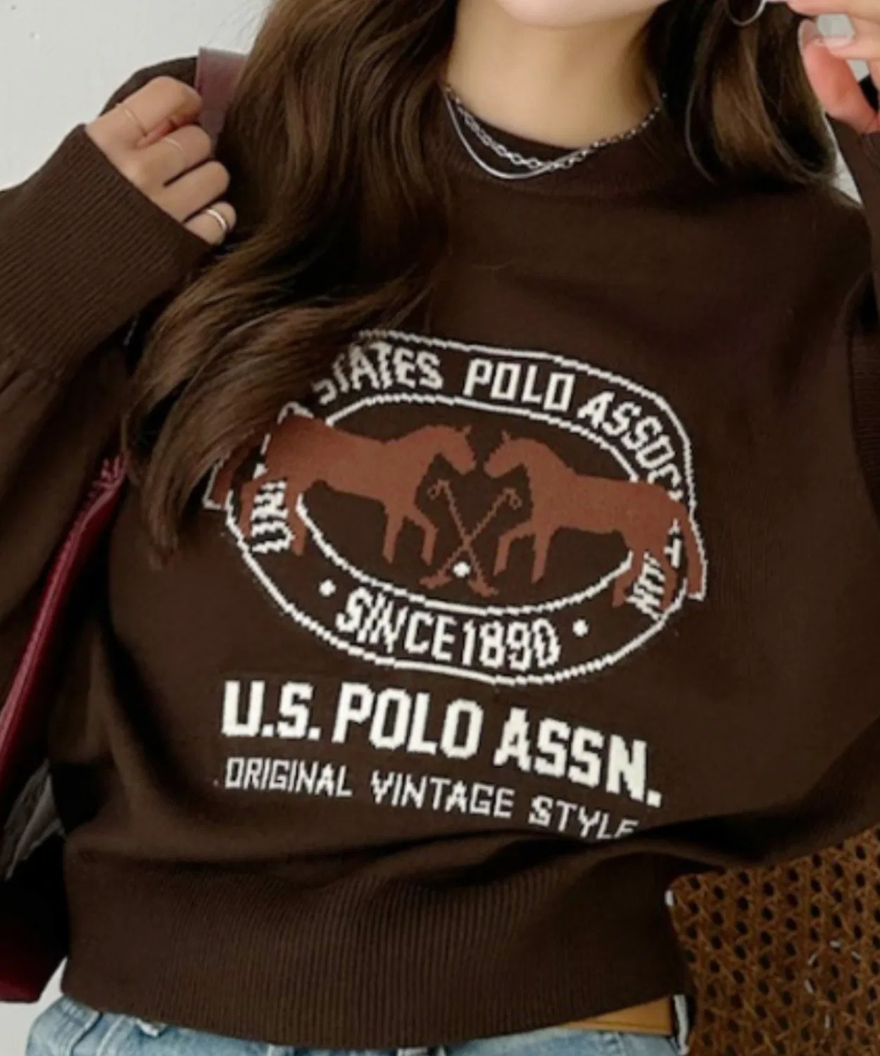 Джемпер U.S. POLO ASSN с жаккардовым логотипом, объемный рукав, коричневый
