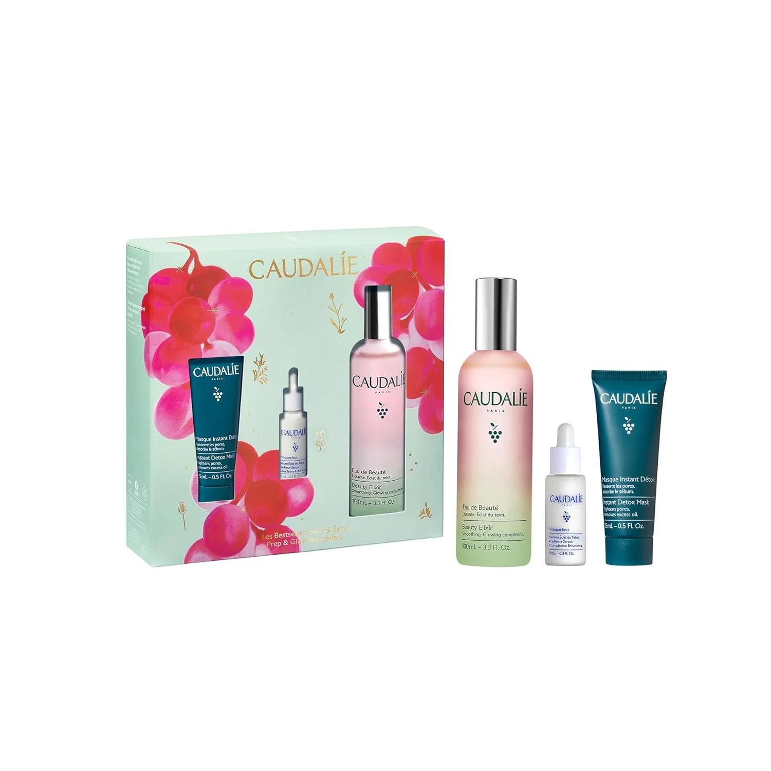 Caudalie Prep & Glow набор бестселлеров по уходу за кожей - полноразмерный Beauty Elixir + бесплатная маска Instant Detox 15 мл + сыворотка Vinoperfect Radiance 10 мл