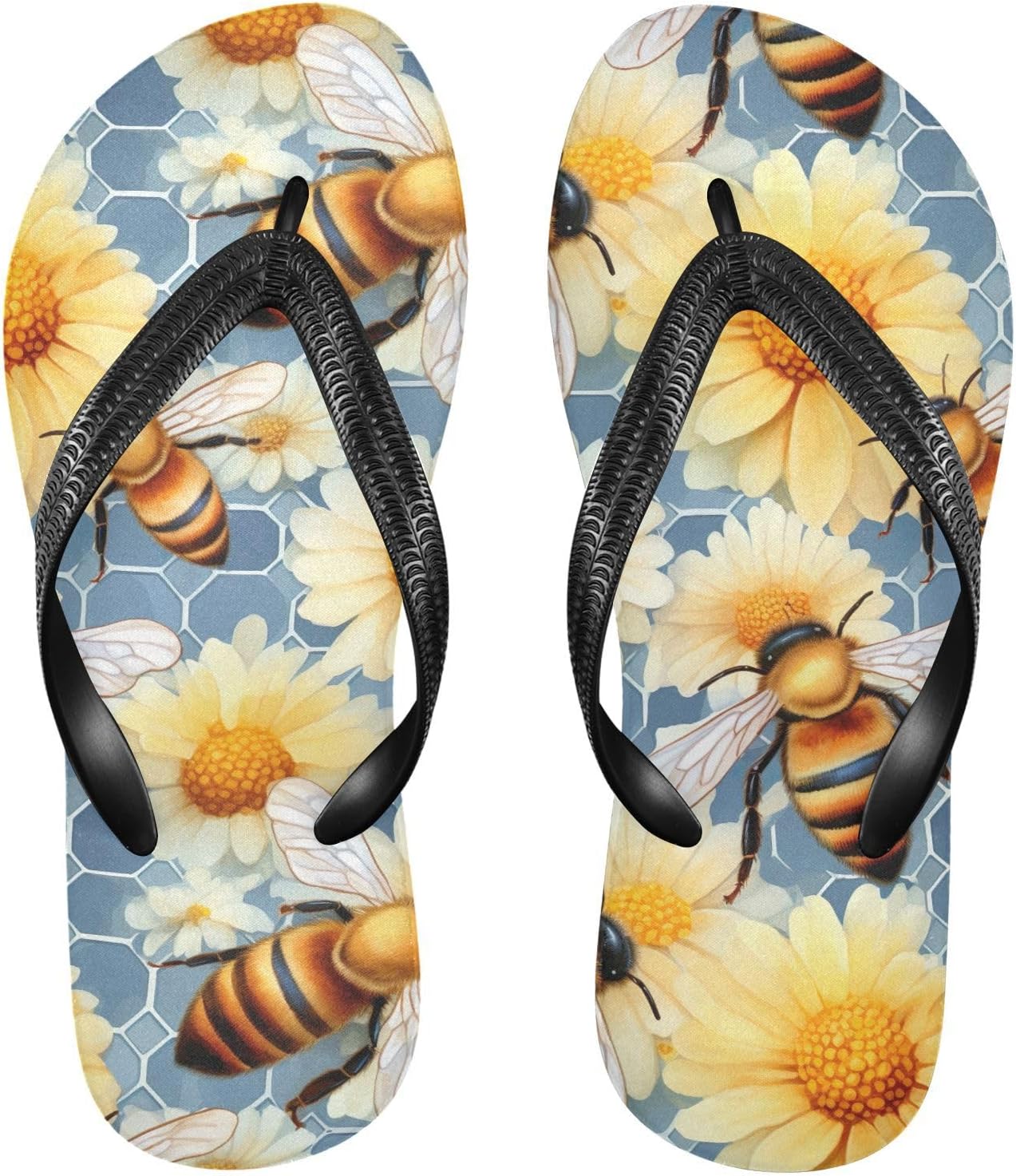 

SPRIPORT Женские и мужские шлепанцы с рисунком пчел и ромашек, тонкие, удобные повседневные сандалии-вьетнамки с амортизирующей подошвой и нескользящей резиновой подошвой, для ванной, душа, прогулок, пляжа и лета, Multicoloured