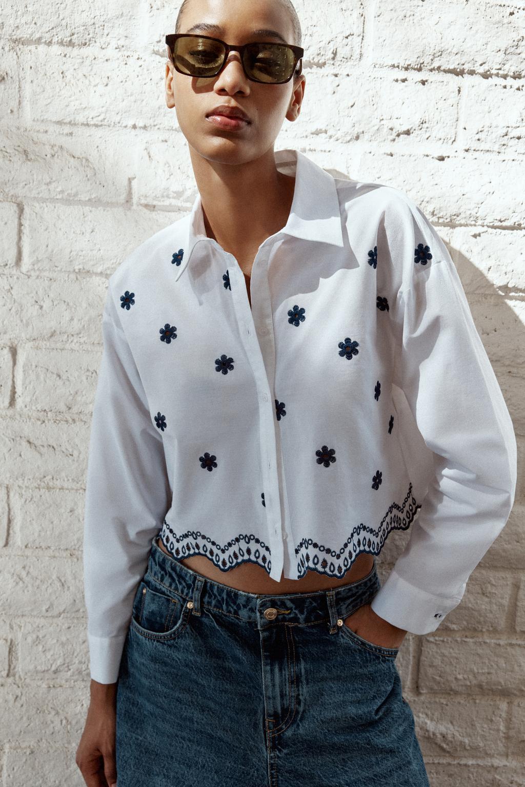 

Поплиновая рубашка с вышивкой ZARA, белый