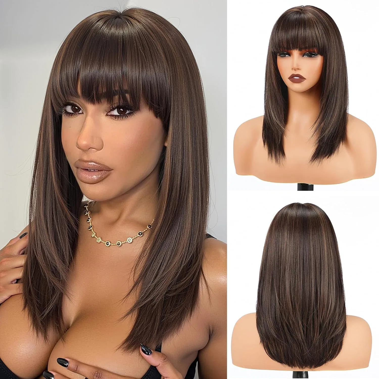 Женский прямой парик Topshe средней длины с челкой Topshe, Brown With Gold Tones