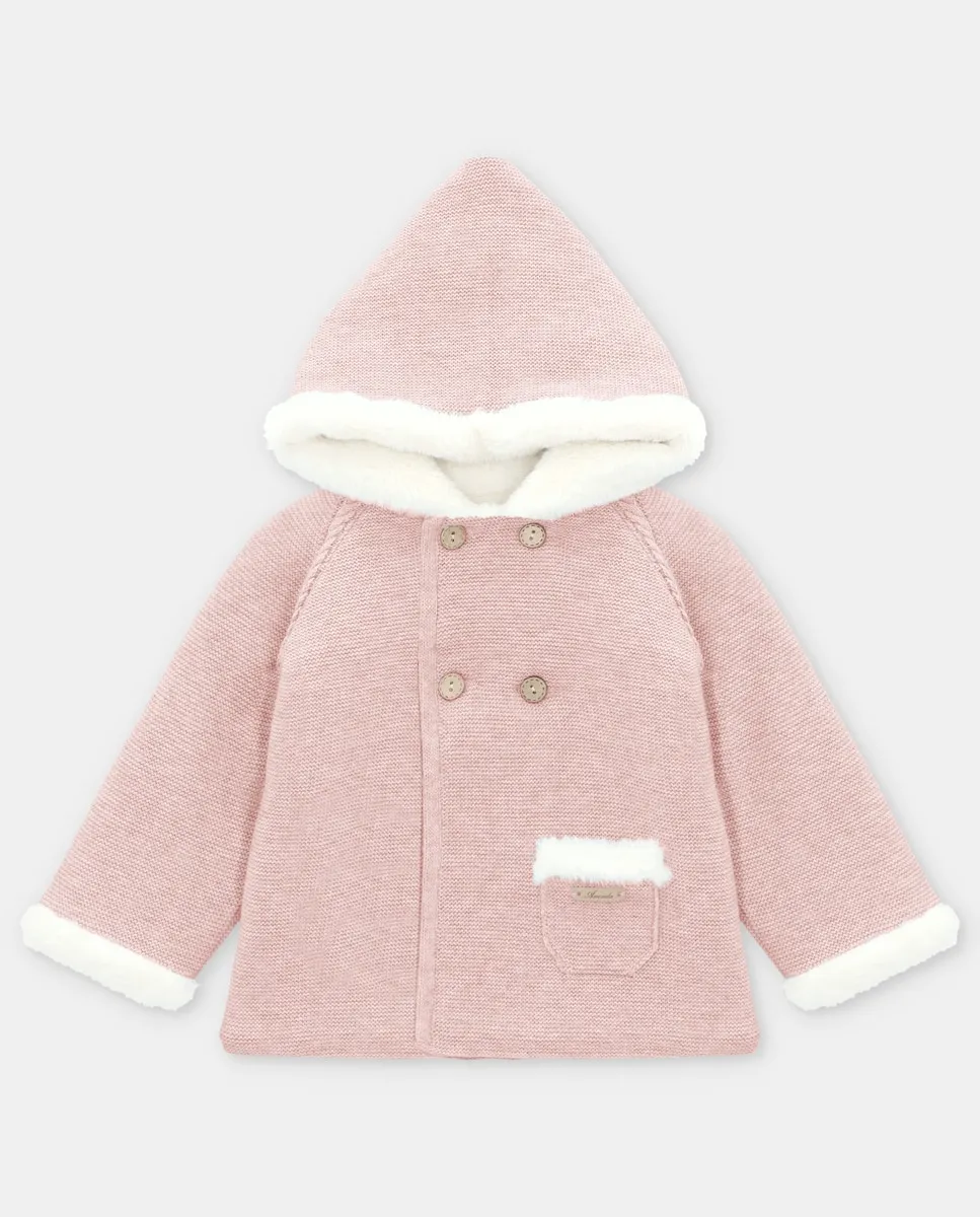 

Детское вязаное пальто с капюшоном и меховой подкладкой розового цвета Martín Aranda