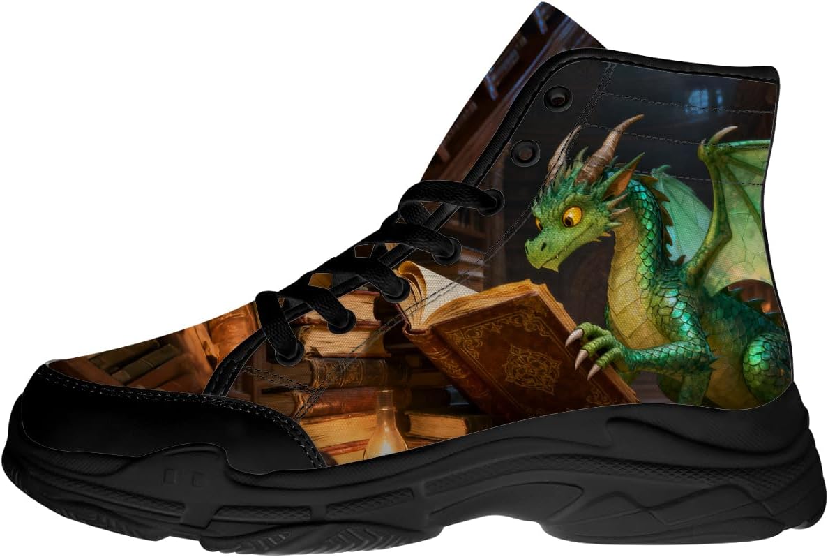 

Кроссовки Dragon Reading Book для женщин и мужчин, высокие шнуровочные кеды из ткани, подарки для нее и для него Quorax, черный/зеленый/коричневый