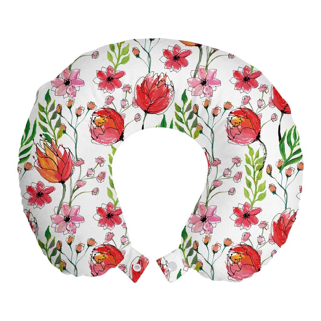

ABAKUHAUS Flowers Дорожная подушка для шеи, цветы и листья с рисунками, пенопластовые дорожные принадлежности для самолета и автомобиля, 30x30 см, розово-зеленый