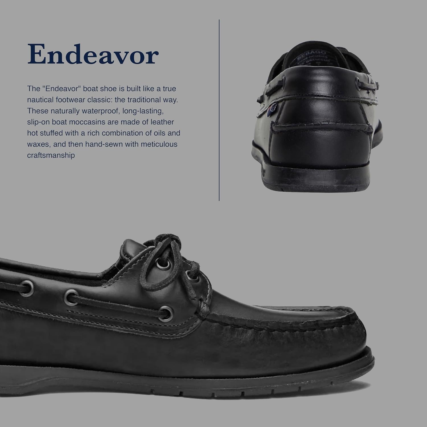 Водонепроницаемые лодочные туфли Sebago Endeavor - кожаные мокасины для мужчин с кожаной стелькой, круговой шнуровкой и нескользящей подошвой, не оставляющей следов, черный — фото 4