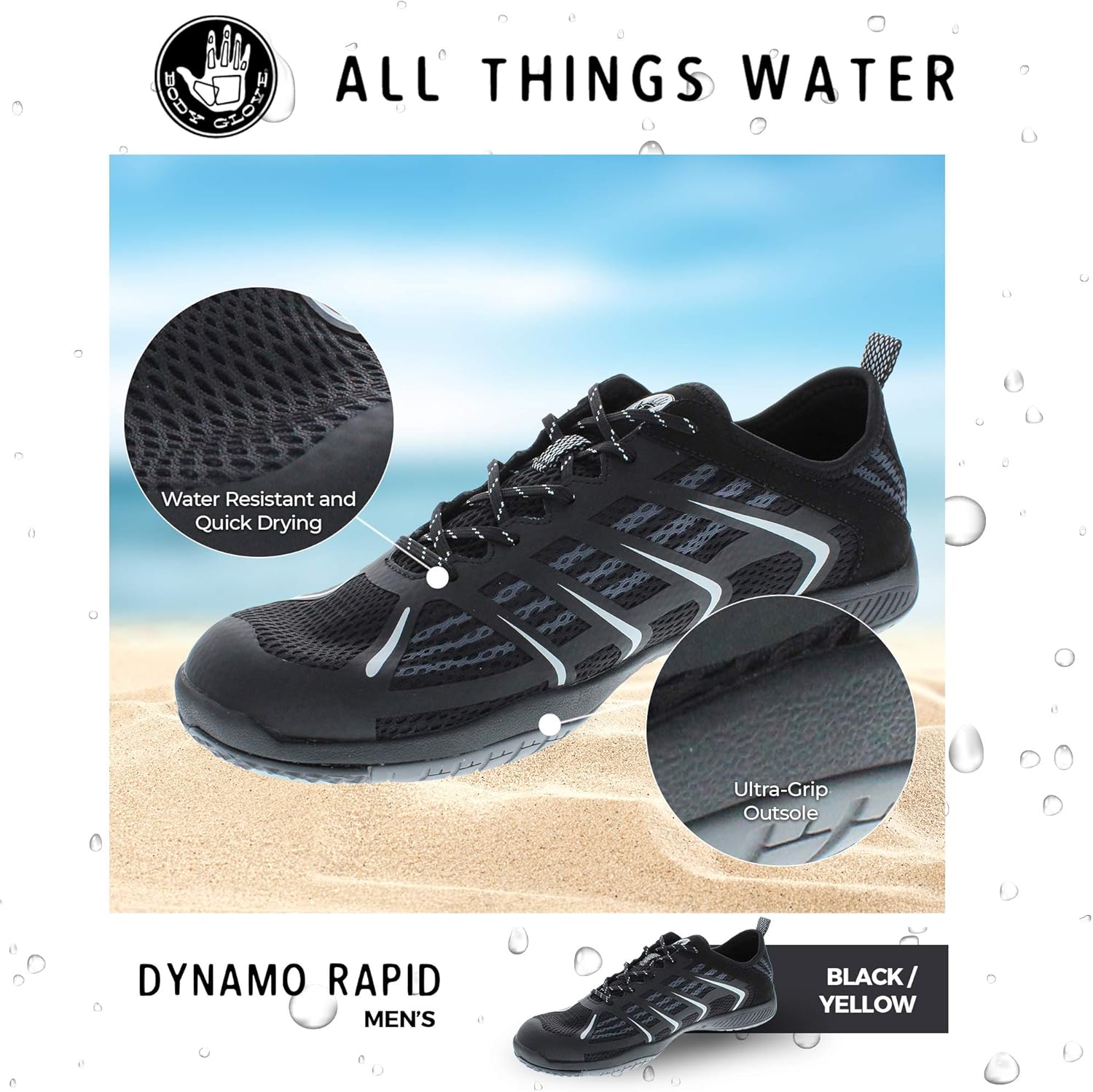 Мужские водные кроссовки Body Glove Dynamo Rapid (водные виды спорта, пляж, кроссовки для улицы, плавание, река, походы и каякинг) Hydro Sport черные и угольного цвета — фото 3