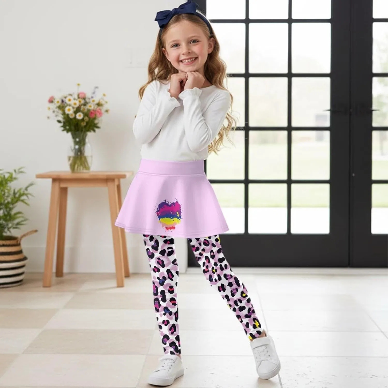 Леггинсы с юбкой для девочек Hresuewn, 2-в-1, Rainbow Heart Leopard Print — фото 4