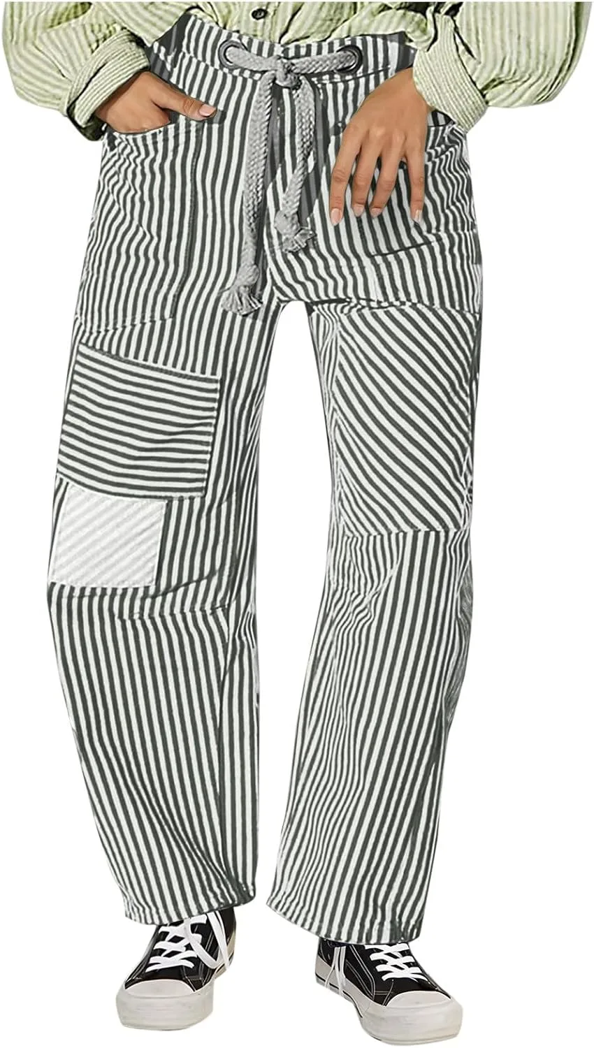 Женские брюки Classic Stripe Print с модным пэчворком, на шнурке, с высокой талией, широкие, с карманами Generic, синий