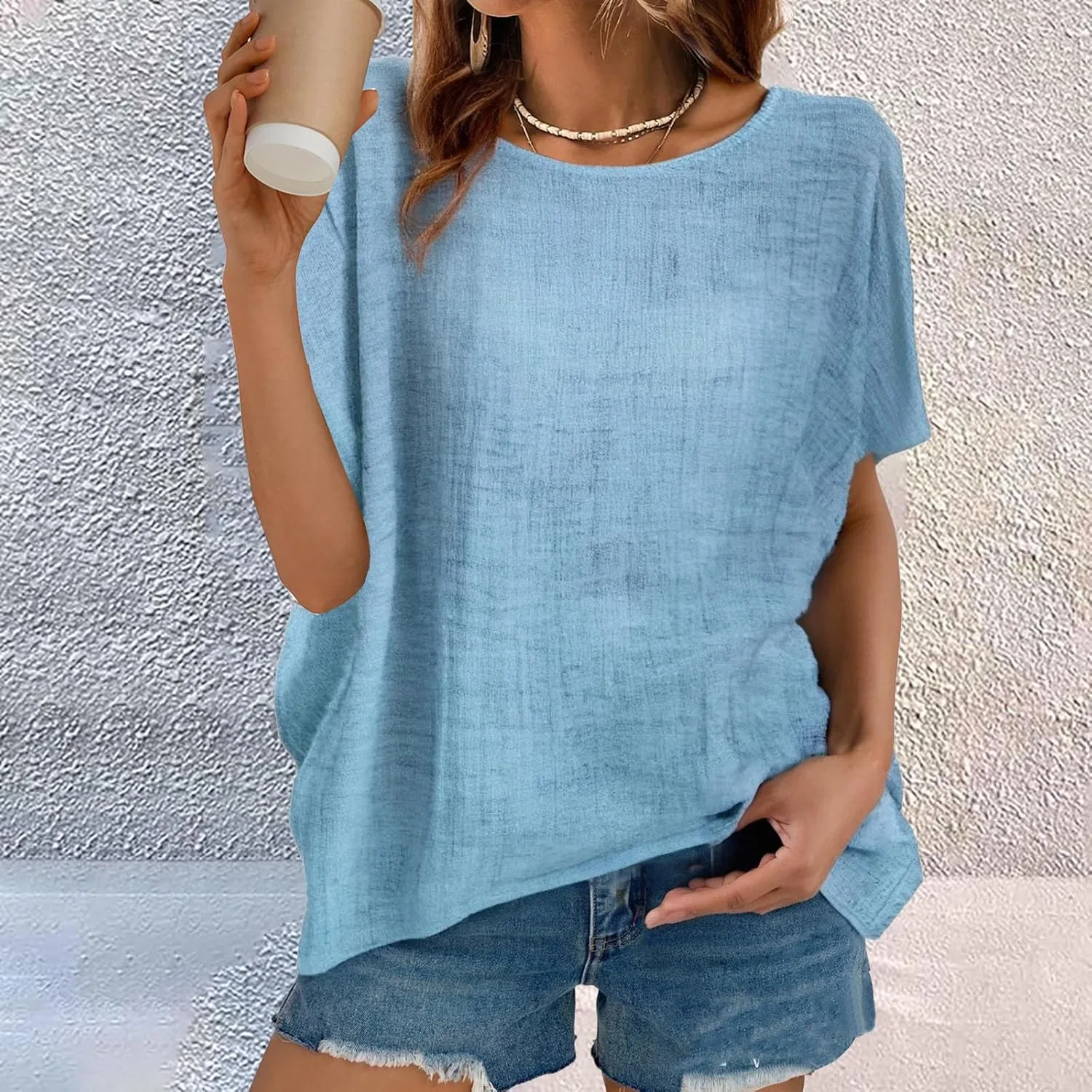 Блуза из хлопка с коротким рукавом, свободного кроя, Light Blue — фото 4