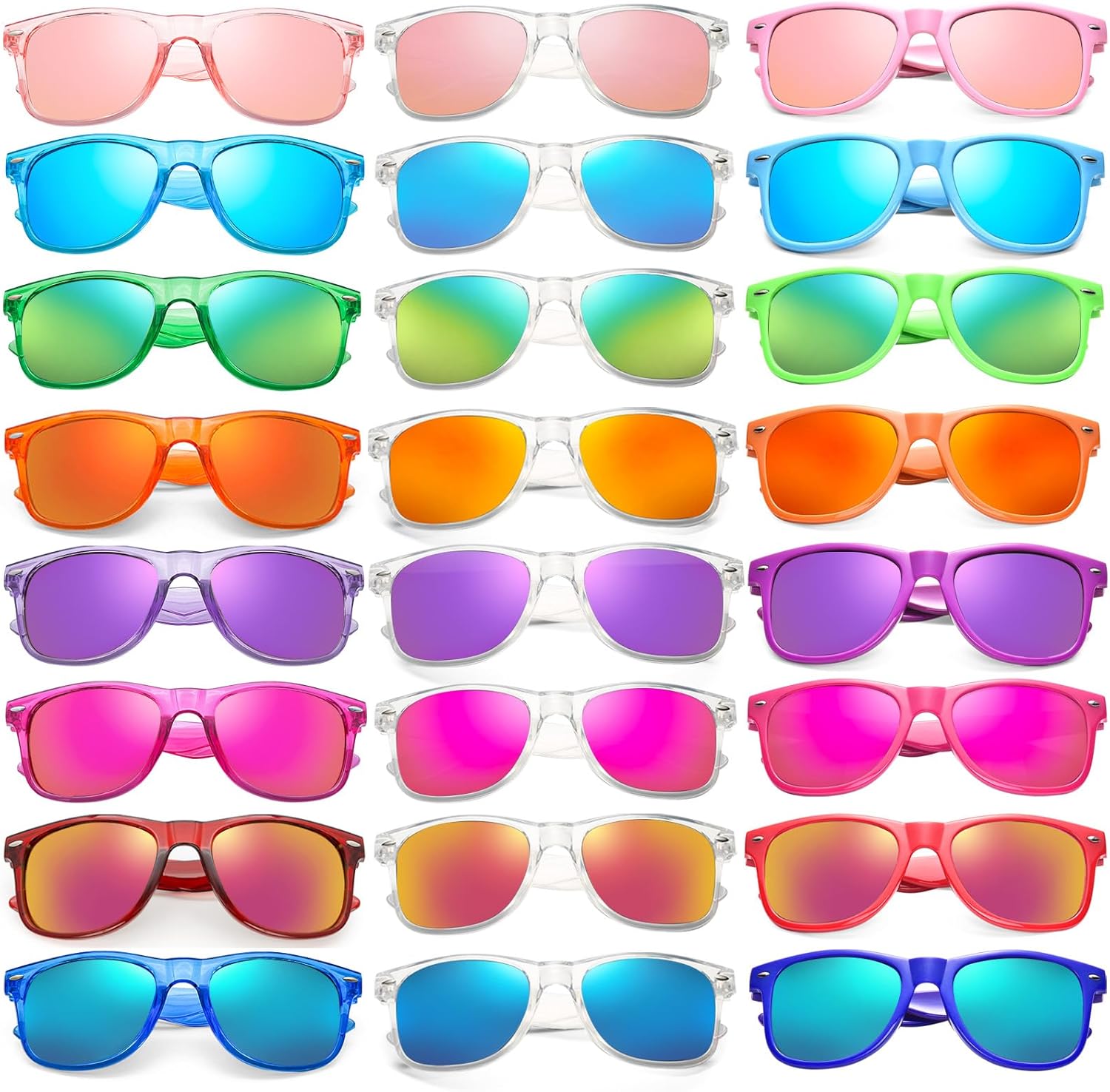 

Pibupibu, оптовая продажа 14 неоновых солнцезащитных очков, ретро-очки в стиле 80-х с зеркальными линзами для взрослых, сувениры для вечеринок, 24 Colored/Clear/Colored Clear Frame Mirrored