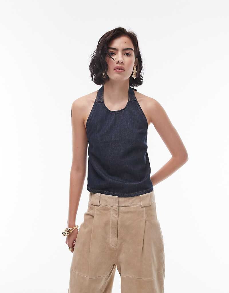 

Topshop – Джинсовый топ синего цвета индиго с бретелями через шею и пряжкой