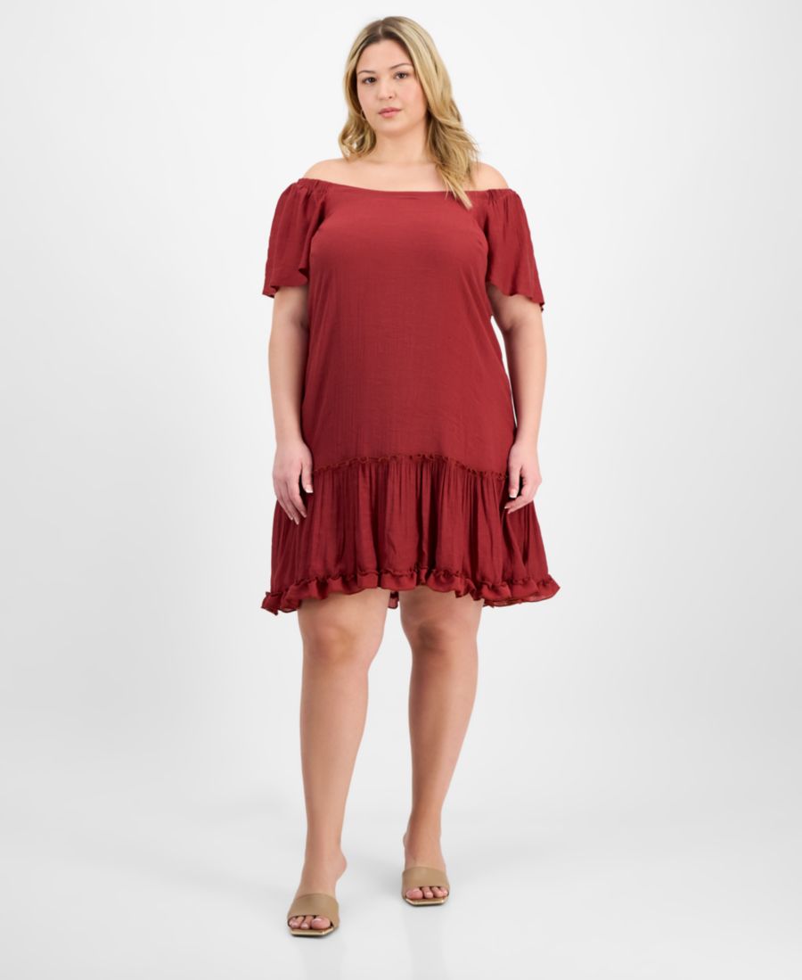 

Платье большого размера с открытыми плечами и оборками по низу Robbie Bee, Terracotta