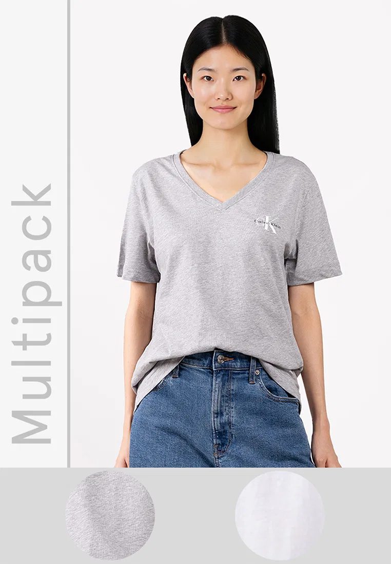 Футболка с V-образным вырезом, 2 шт., логотип Calvin Klein, серый
