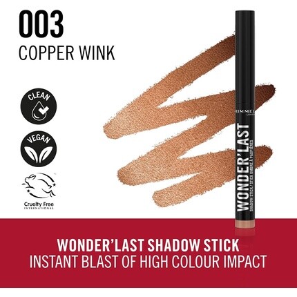 Тени-карандаш Wonder'Last Shadow Stick 003 Copper Wink Легко наносится одним движением Тени для век Держится весь день Ультракремовая формула Легко наносится Не размазывается Веганский продукт 1,64 г Rimmel — фото 3
