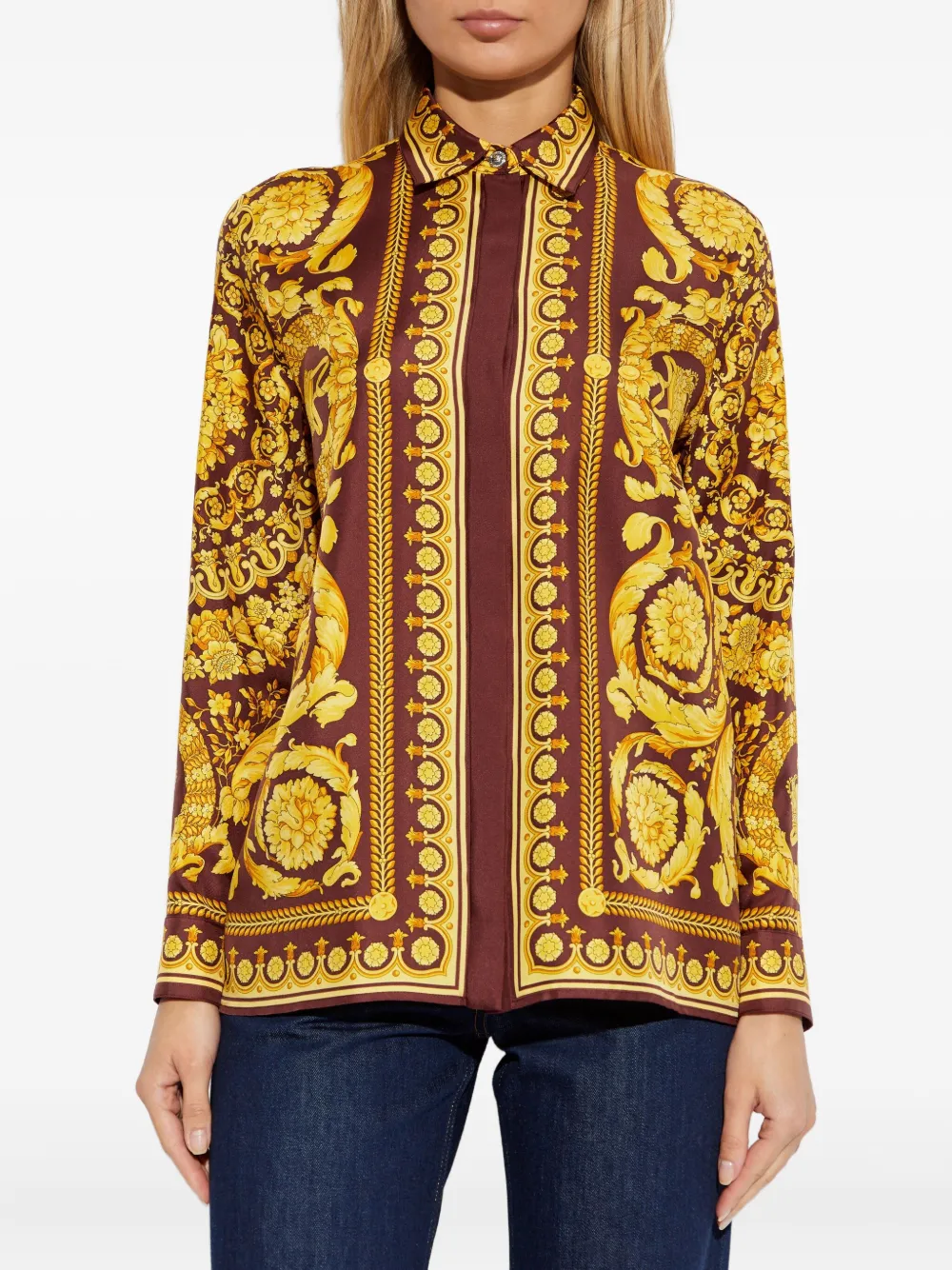 Шелковая блузка с цветочным принтом Versace, коричневый — фото 3