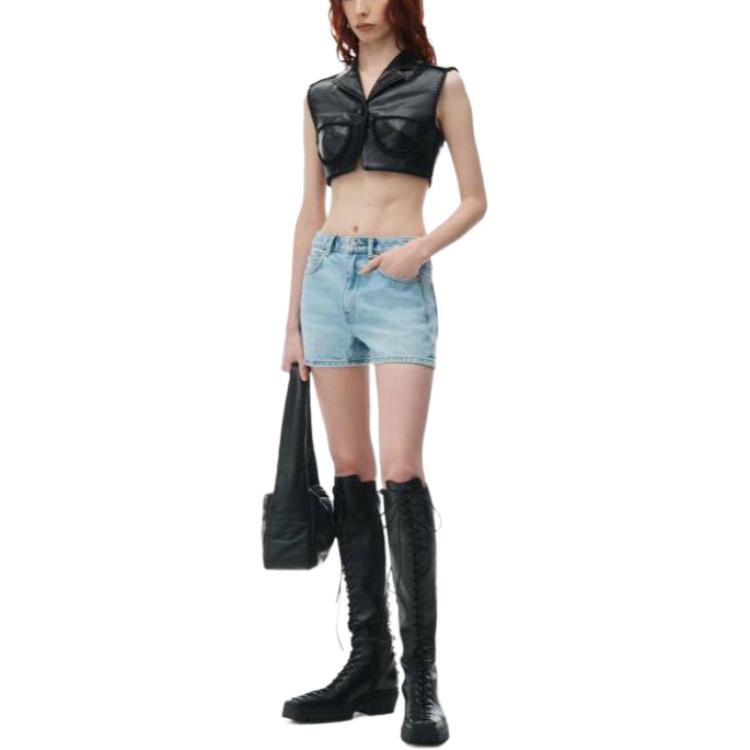 Высокие джинсовые шорты с вырезанным логотипом Alexander Wang, синие — фото 3