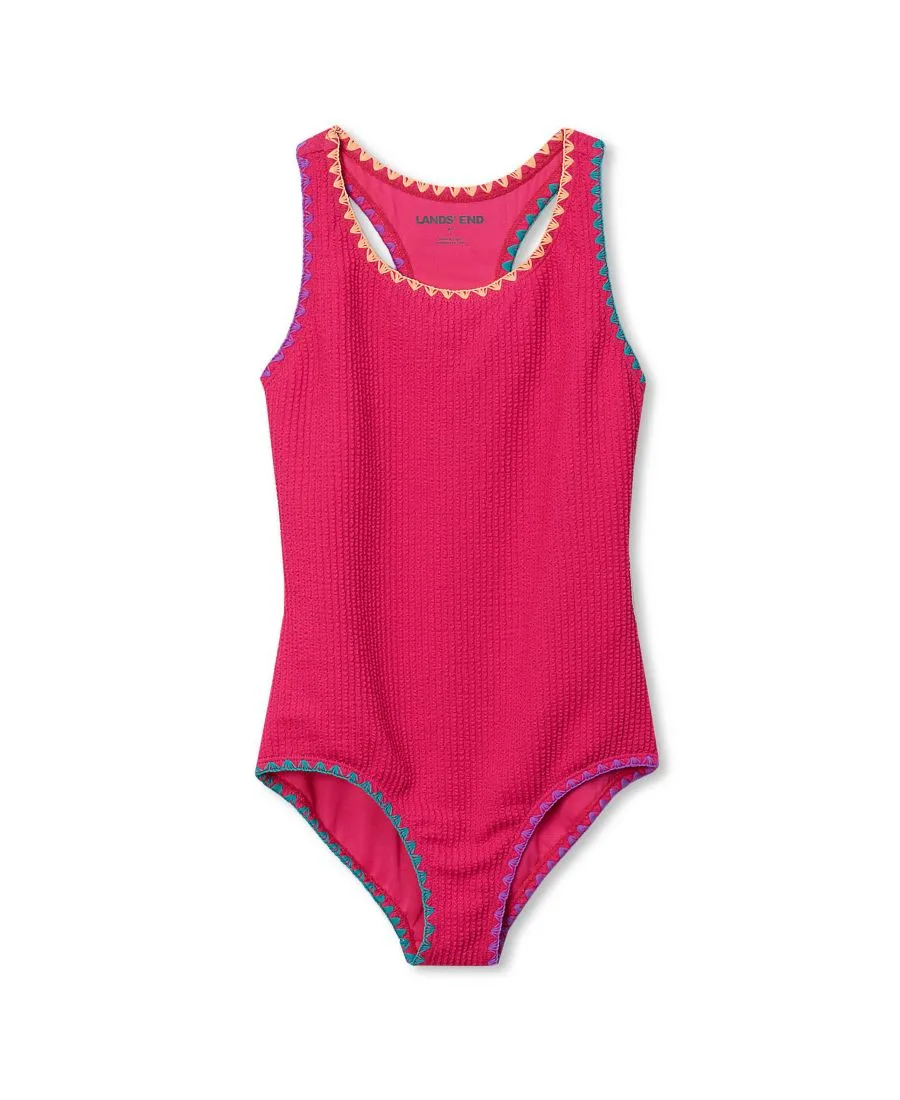 Детский цельный купальник с вышивкой, устойчивый к хлору Lands' End, Neon Fuchsia