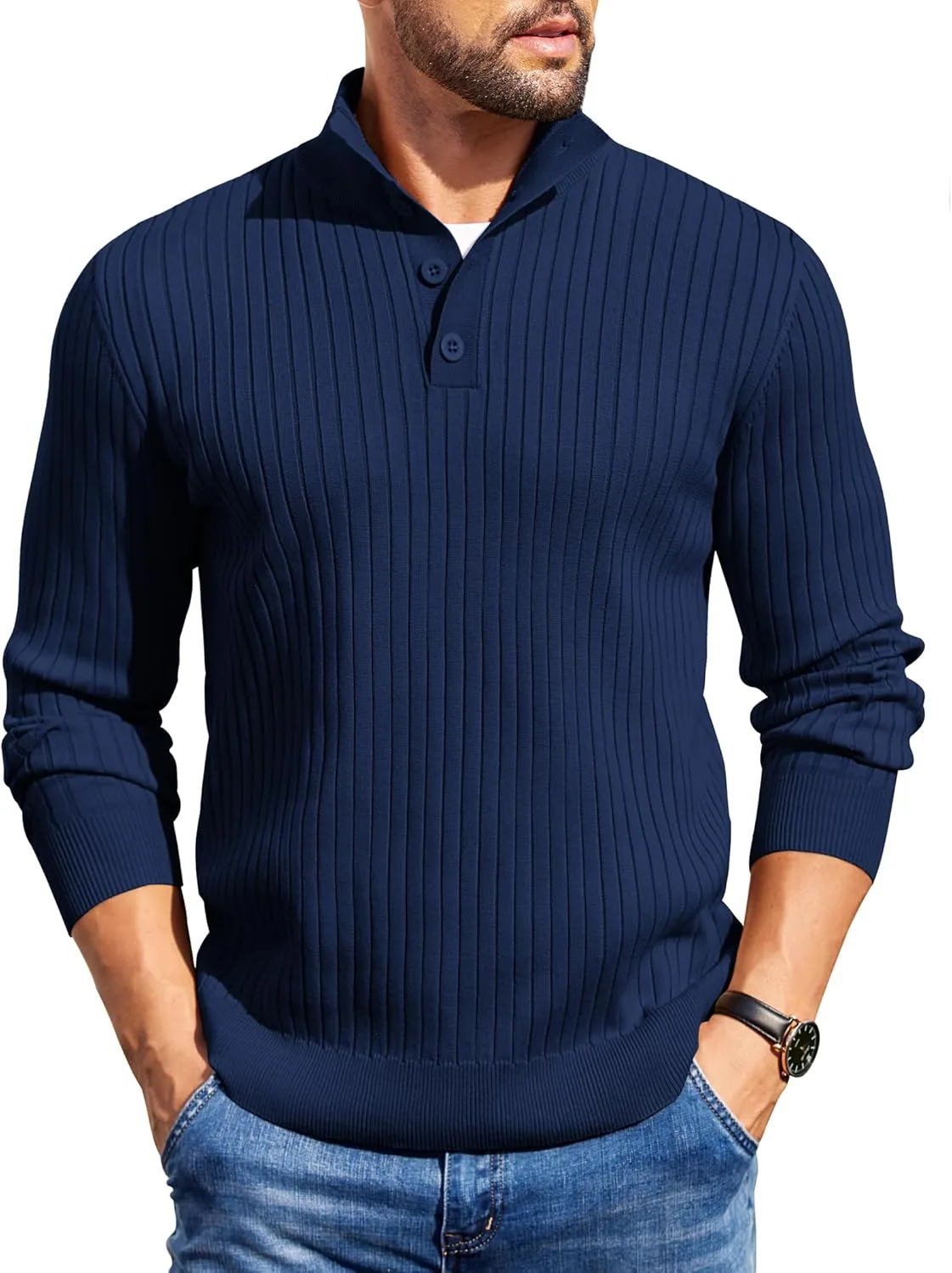 

COOFANDY мужской кардиган на четверти пуговиц с длинным рукавом и стойкой