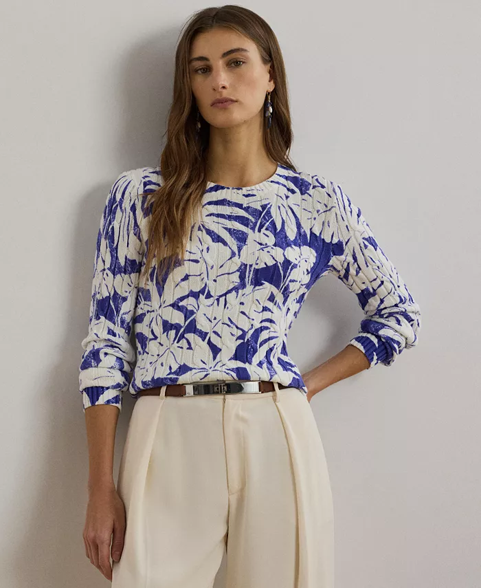 

Женский хлопковый свитер с узором "косичка" и принтом Lauren Ralph Lauren, мультиколор