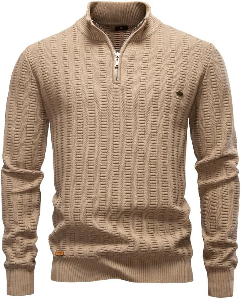 

Мужской свитер с четвертью молнией, длинными рукавами и воротником-стойкой, кабельная вязка для гольфа, работы и повседневной носки Voyagile