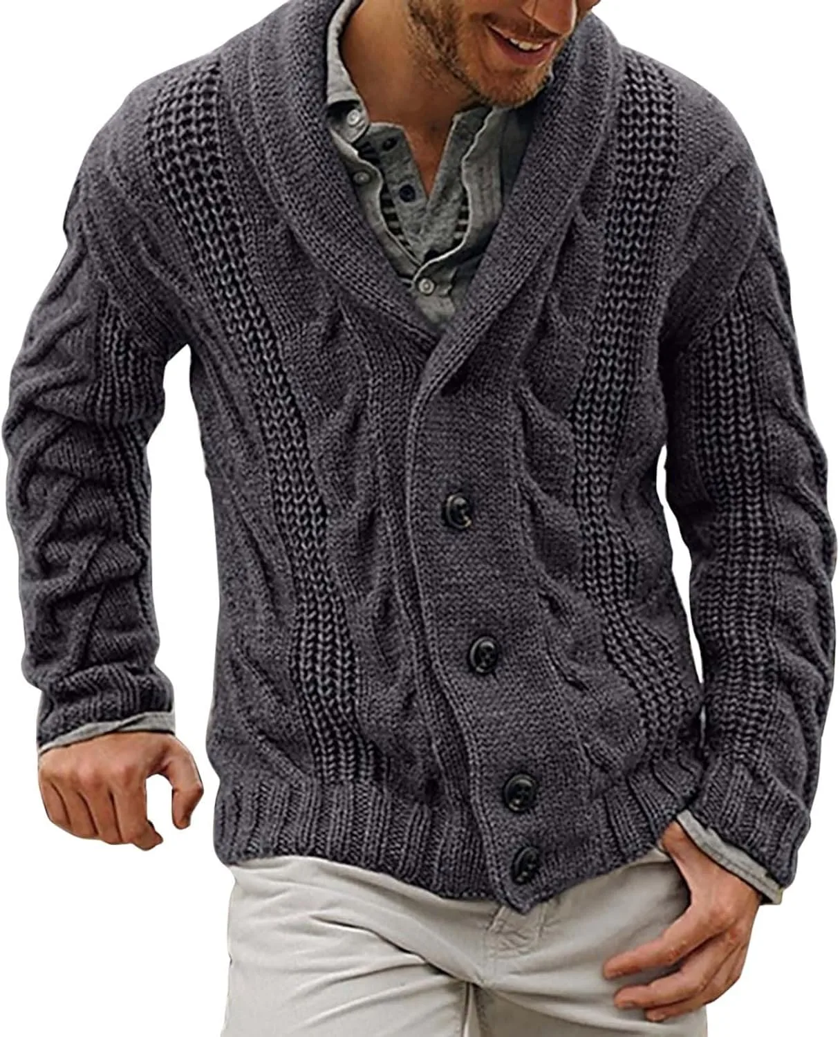 

Мужской кардиган ZYXTIM с воротником-шалью, кабельной вязкой и пуговицами