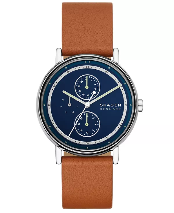 

Мужские фирменные кварцевые многофункциональные часы с коричневым кожаным ремешком, 40 мм Skagen, brown