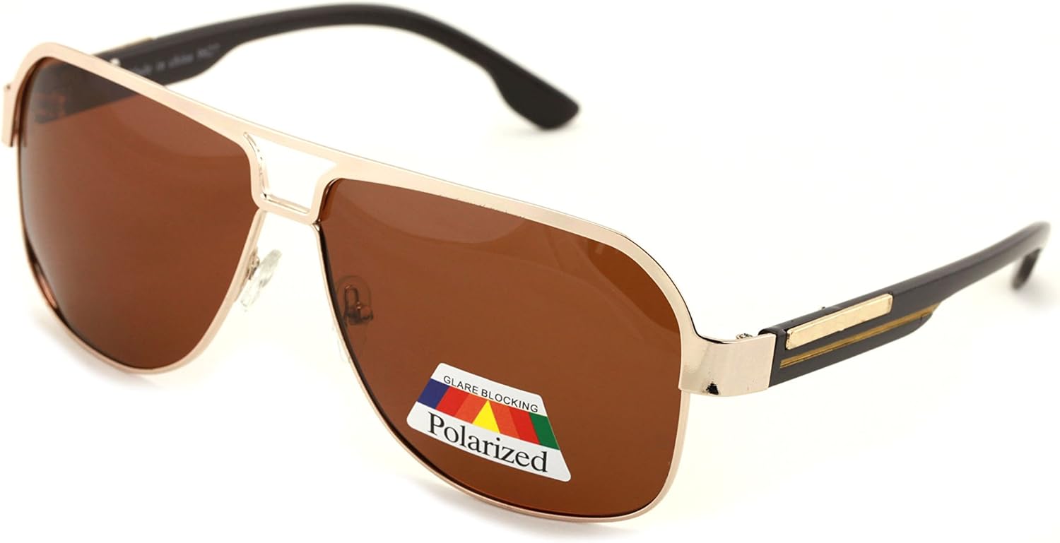 

Классические солнцезащитные очки-авиаторы в квадратной оправе с плоским верхом, поляризованными линзами и металлическим акцентом в виде прямоугольника – темные линзы V.W.E., Gold With Brown Lens