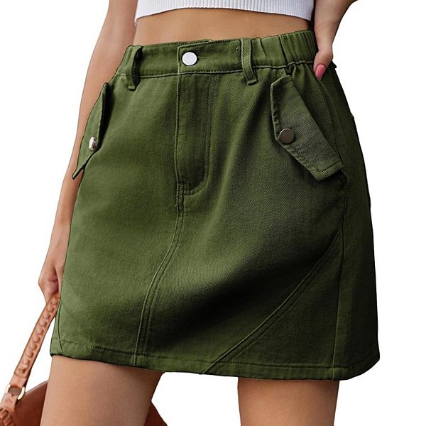 

Женская джинсовая юбка на пуговицах с эластичной талией летняя casual в стиле washed high waisted Yesfashion, Green