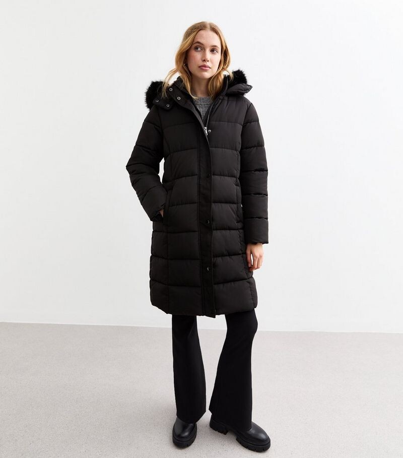 

Черное длинное пуховик с капюшоном и отделкой из искусственного меха New Look, черный