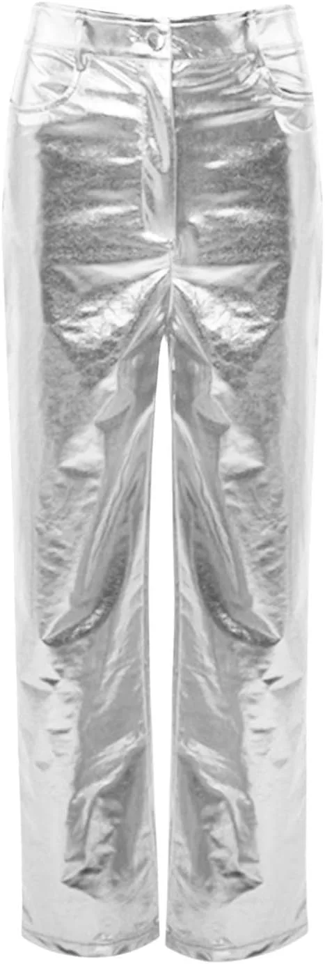Generic Брюки прямого кроя Silver Metallic для женщин на высокой талии с застежкой на пуговицы, длинные брюки из искрящейся PU-кожи